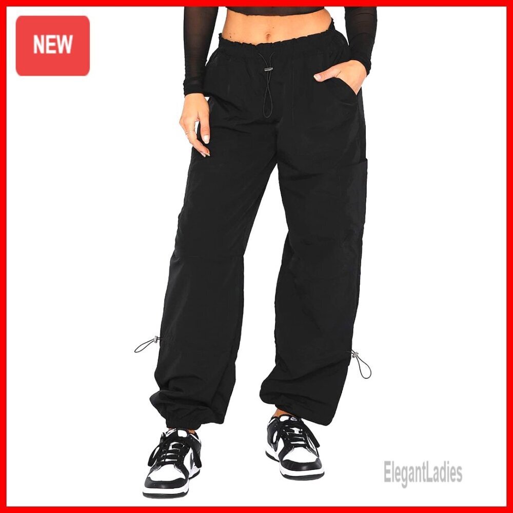 Wide Leg Cargo Pants with Drawstring Waist, 4 Pockets, Non-Stretch Nylon